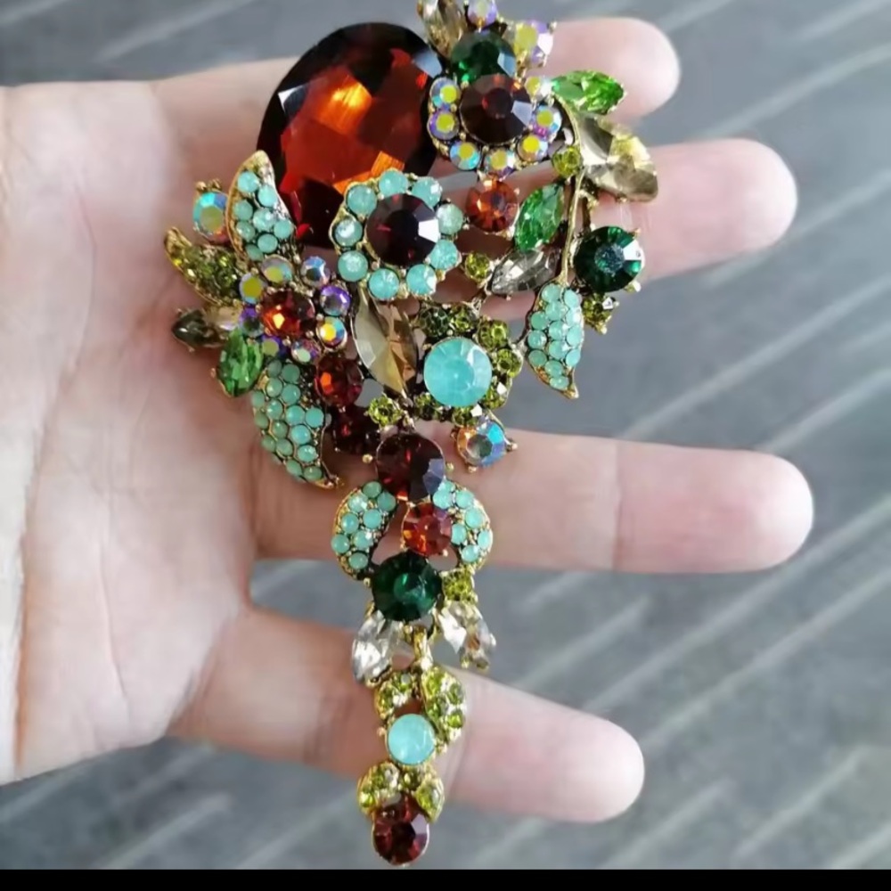 Multicolor Crystal Floral Statement Brooch - Turquoise, Emerald & Amber 4”